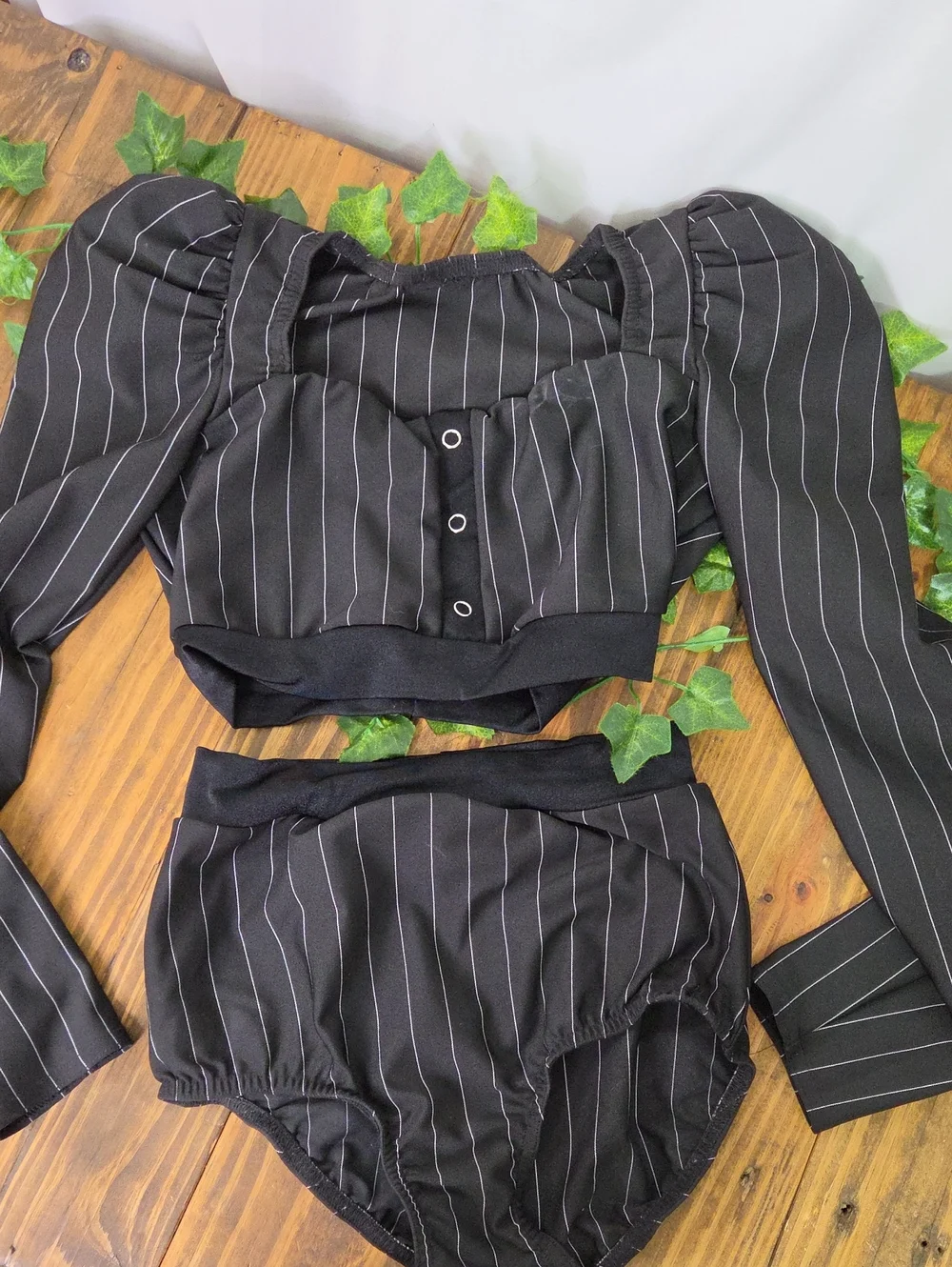 Kelle. Pinstripe Two-Piece Crop Top & High-Waist Bottoms. Dance Costume. LC. EUC